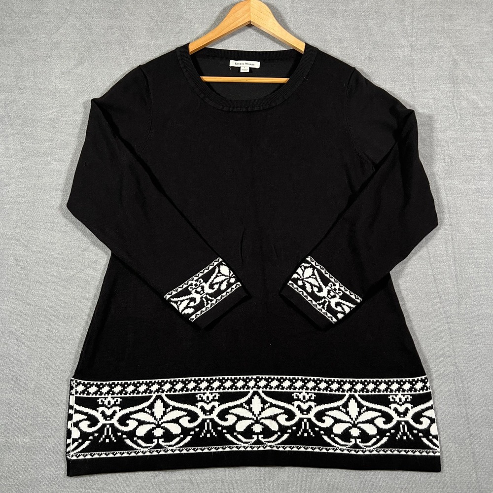 Studio Works Intarsia Border Long Sleeve Tunic Sweater Women L Black Rayon Blend